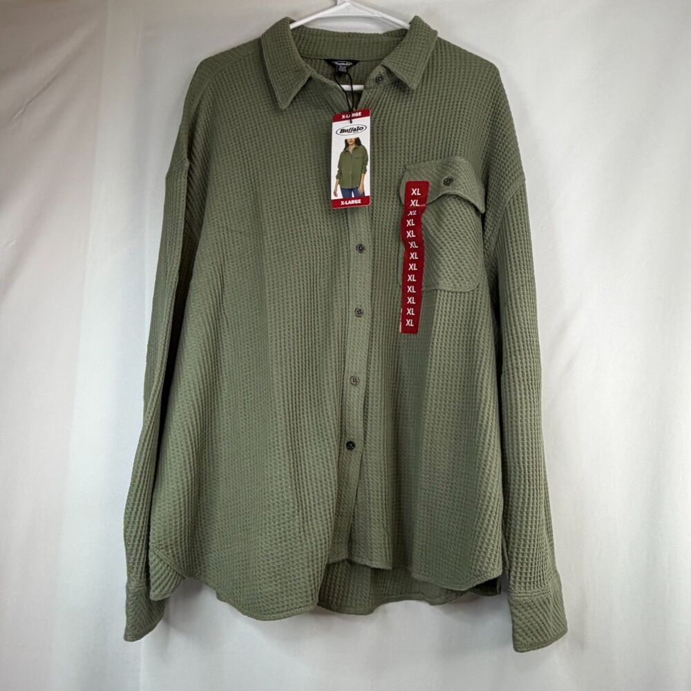 Size XL Buffalo Jeans Waffle Knit Button Up Shirt NWT Faded Sage